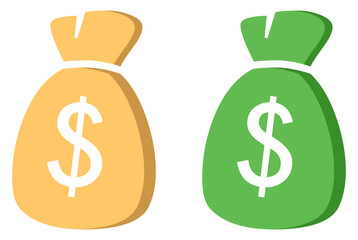 Money bag with dollar sign symbol. Dollar money bag icons set green and yellow color. Set of Money bag icon with shadow. Silhouette and outline icons. Flat style. Vector illustration.