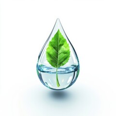 Water Drop with Green Leaf Inside, Symbolizing Nature and Purity