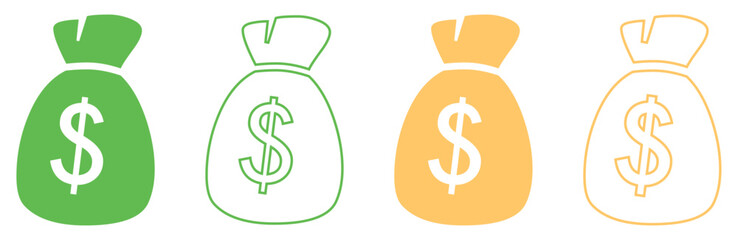 Set of money bag with dollar sign symbol. Dollar money bag vector icons set green and yellow. Set of Money bag icons isolated. Silhouette and outline line icons. Flat style. Vector illustration.