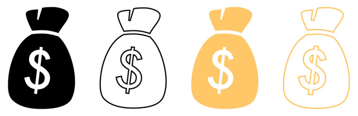 Money bag with dollar sign. Dollar money bag vector icons set. Set of Money bag icons isolated. Silhouette and outline line icons. Flat style. Vector illustration.