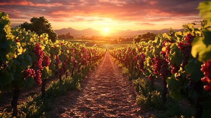 Naklejka premium Golden Sunset Over a Vibrant Vineyard with Ripe Red Grapes Ready for Harvest