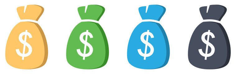 Money bag vector icon with dollar sign symbol. Dollar money bag icons set in different style. Silhouette and outline icons isolated on a white background. Flat style. Vector illustration.