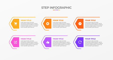 Infographic template. 6 Step timeline journey, Flat simple infographics design template. Presentation graph. Business concept with icon 6 options or steps. Background vector illustration.