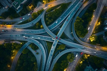 Aerial view of the road junction in the city with car traffic