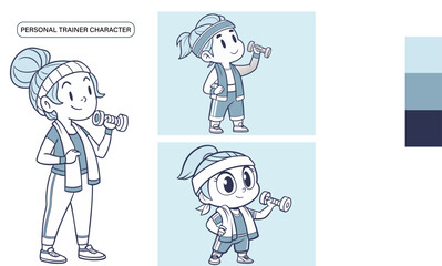 A cartoon personal trainer character with holding a dumbbell