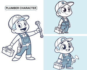 A cartoon plumber character is holding a toolbox