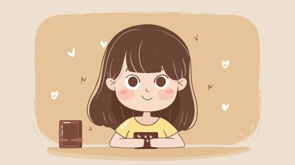 Sweet Girl Enjoying Bitten Chocolate Bar in Flat Vector Style