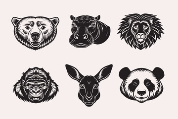 6 Animal Head silhouette Vector on white Background.eps