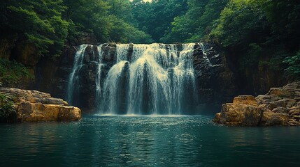 Fototapeta premium Scenic waterfall cascading into a tranquil pond surrounded by lush vegetation