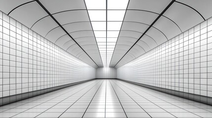 A modern, minimalist corridor with bright lighting and tiled walls.