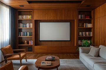 Modern Home Theater Design with Wooden Walls and Built-in Bookshelves