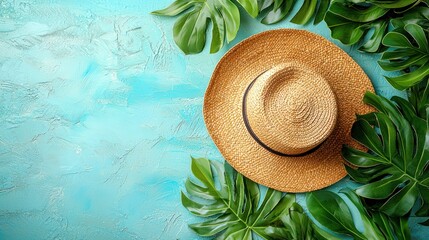 A straw hat rests among tropical leaves on a blue background, evoking a vacation vibe.
