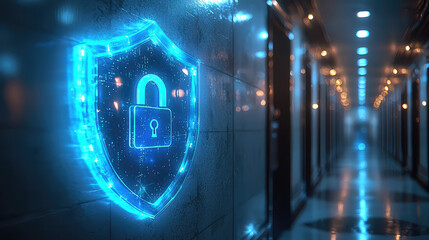 Glowing digital shield and padlock icon on wall in hallway, representing cybersecurity and data protection.