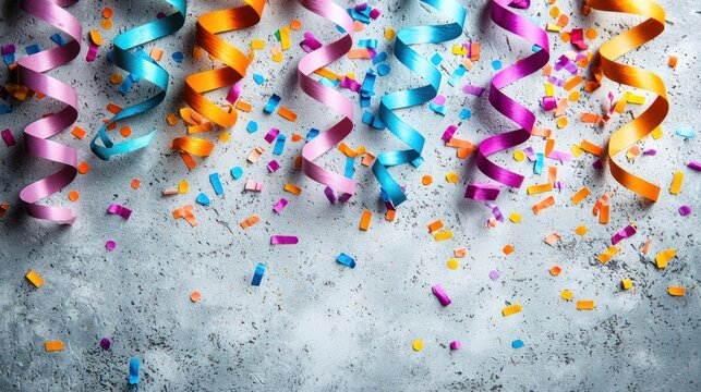 Colorful party streamers and confetti scattered on a textured surface, creating a festive atmosphere.