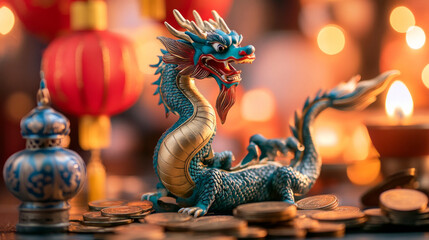 Obraz premium The playful dragon figurine surrounded by Chinese coins brings a sense of fortune and luck embodies tradition, prosperity, and good luck for the new year representing wealth and culture. AI generative