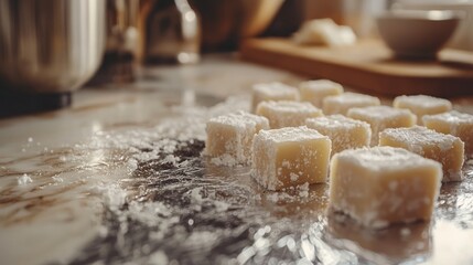 Cubes of sugar dusted with powdered sugar on a kitchen countertop.