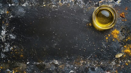 Top view of a black slate background with all sort of spices for cooking and seasoning placed all around.