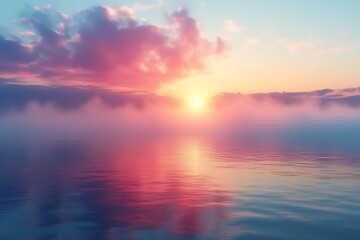 Obraz premium Pink sunset over calm ocean with fog.