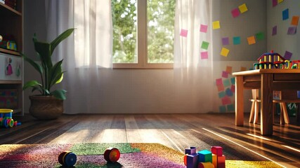 Bright and playful interior of a childhood learning space filled with toys and colorful decorations in broad daylight