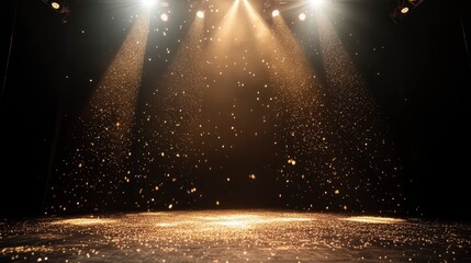 Twinkling gold glitter falling on the stage illuminated with one spot light.
