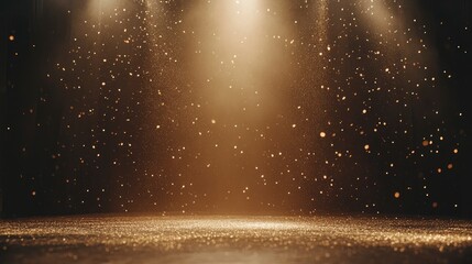 Twinkling gold glitter falling on the stage illuminated with one spot light.