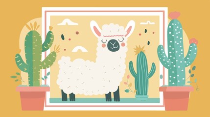 Adorable Llama with Cactus Flat Vector Illustration