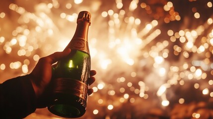 Festive Celebration with Champagne Bottle and Bokeh Effect - Holidays, Christmas, and New Year's Concepts