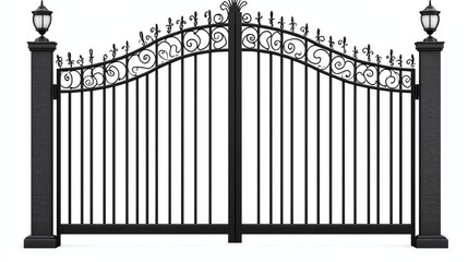 A decorative black wrought iron gate with elegant curves and lanterns, providing both security and aesthetic appeal.