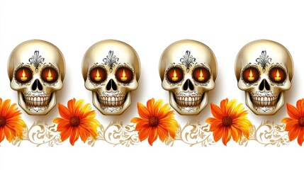 A decorative pattern featuring skulls with glowing eyes and vibrant flowers.