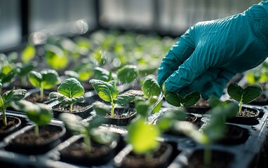 Gloved hand gently watering young seedlings in a greenhouse.