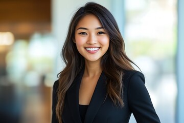 Fototapeta premium Portrait of a Smiling Young Asian Businesswoman in a Modern Office Setting