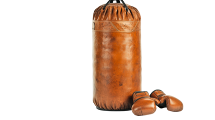 Professional leather boxing bag and gloves prepared for workout session at gym isolated on transparent background