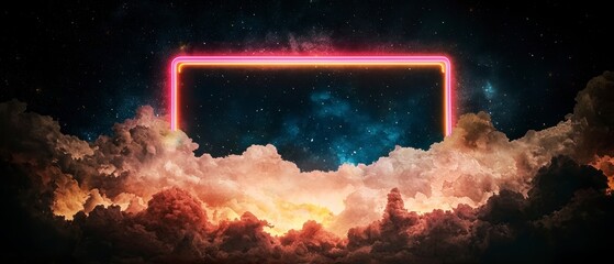 Cyberpunk Neon Frame in Cosmic Cloudscape  Futuristic Background
