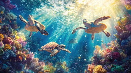 Fototapeta premium Ocean Turtles Swim Coral Reef Sunlight
