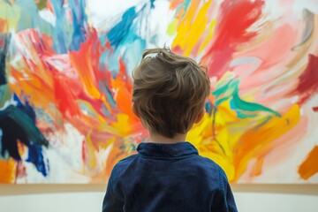 Young Boy Appreciating Abstract Art Painting in Gallery, Colorful Artwork on Display