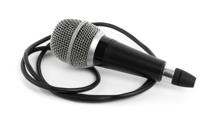 A handheld microphone with a coiled cable, used for audio input in performances and recordings. isolated on white background