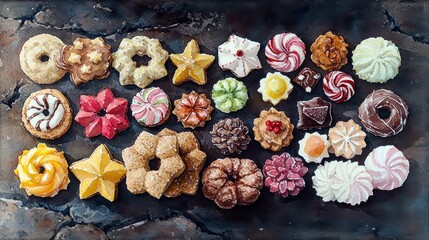 Colorful Variety of Assorted Cookies and Treats Displayed Beautifully on a Dark Background Perfect for a Sweet Treat Advertisement or Culinary Project
