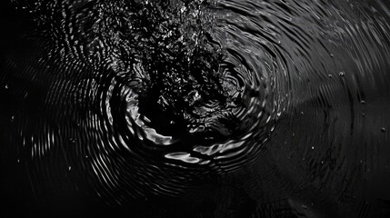 Water ripples from a drop of water in the dark. water drop dark tone. Abstract black circle water drop ripple. Liquid texture background. Rippled liquid with mood effect in black and white.