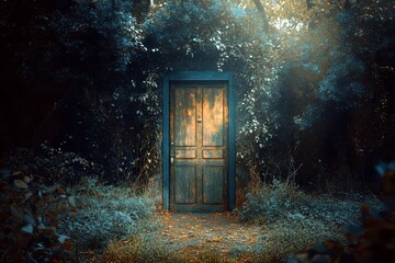 Fototapeta premium Mysterious Old Door Surrounded by Enchanted Forest Vibes with Soft Light and Lush Greenery, Inviting Exploration of Hidden Realms