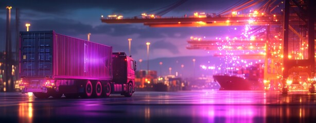 Industrial site at sunset with truck and machinery highlighting energy production and transportation activities
