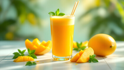 glass of mango juice and fruits