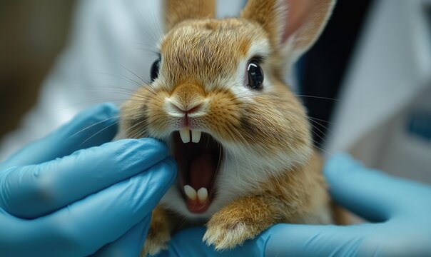 A cute brown rabbit being examined by a vet with gloved hands.
