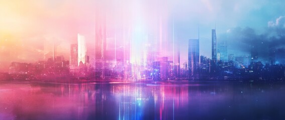 Vibrant city skyline featuring neon lights and reflections in a bustling urban environment during twilight	
