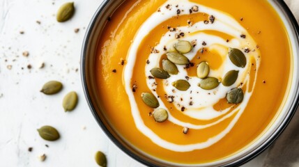 A bowl of creamy butternut squash soup garnished with a swirl of coconut milk and toasted pumpkin seeds, Its rich aroma and velvety texture enticingly displayed