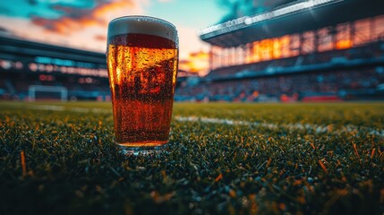 A glass of beer sits on the grass at a stadium during a vibrant sunset.