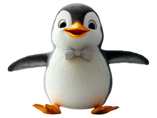 A playful dancing penguin wearing a dapper bowtie isolated on white. Suitable for marketing or business purposes. PNG file