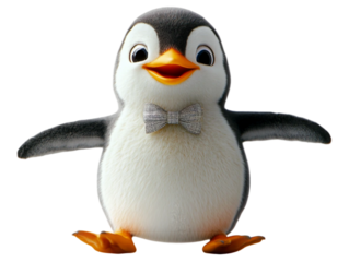 A playful dancing penguin wearing a dapper bowtie isolated on white. Suitable for marketing or business purposes. PNG file