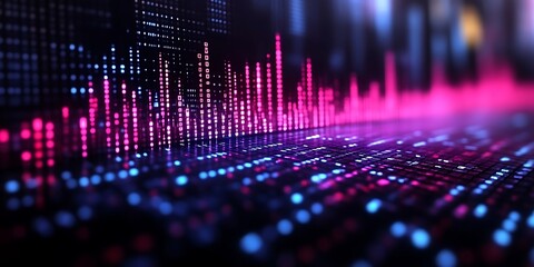 Abstract digital data visualization with glowing pink and blue light streaks.