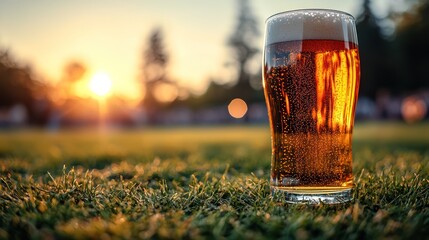 A glass of beer sits on grass with a sunset in the background, evoking relaxation and leisure.