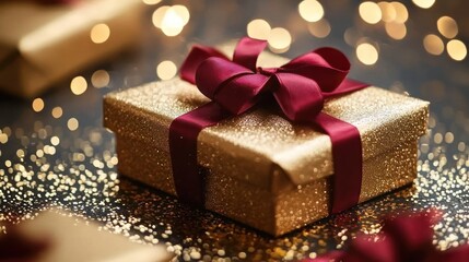 A beautifully wrapped golden gift box with a red ribbon, surrounded by sparkling lights.